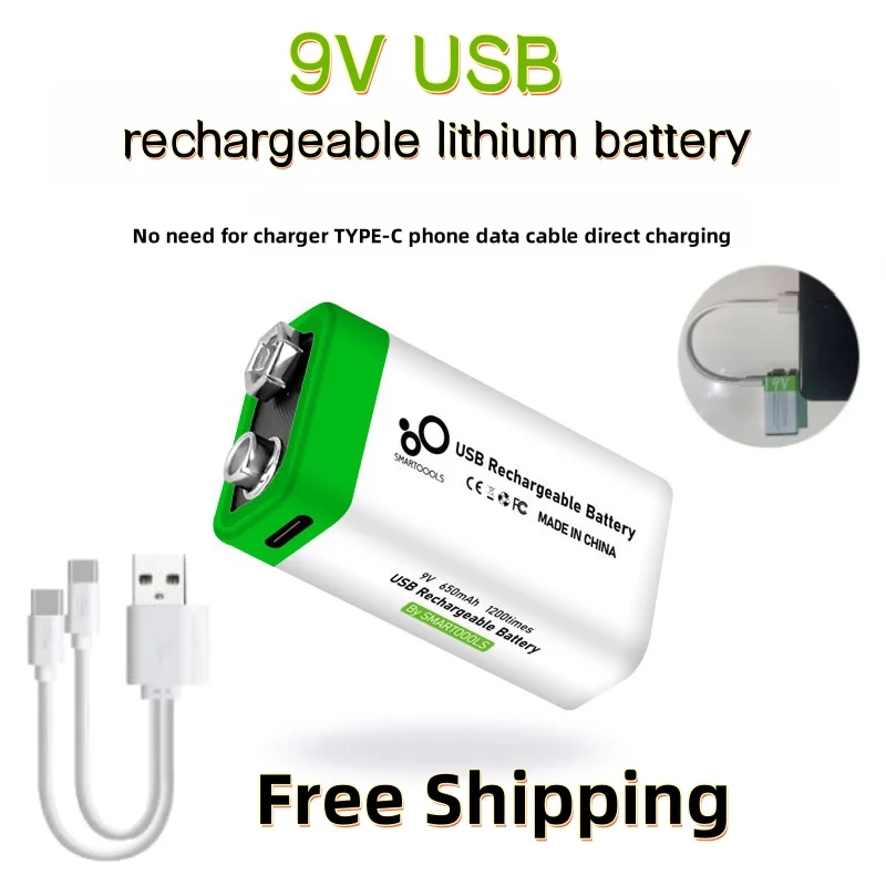 

9V Lithium Ion Rechargeable Battery Type-C USB Battery 9V Multimeter Lithium Microphone Metal Detector Cable Remote