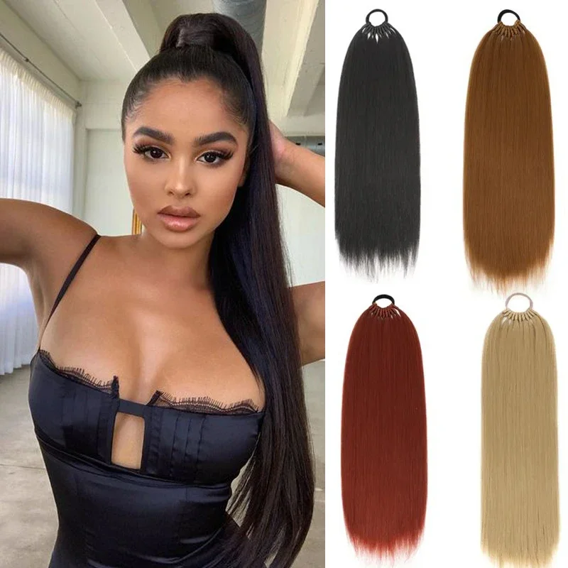 Long Synthetic Straight Ponytail for Women Rubber Band Braided Hair Ponytail Extension 24'' Synthetic Braid Hairpiece Horse Tail