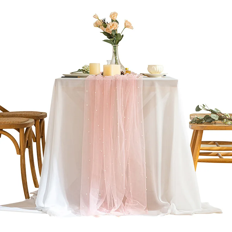 Lot de 10 chemins de table en étamine rose poudrée de 3 m, nappe en gaze pour réception de mariage, fête prénuptiale, fête d'anniversaire, décoration de table bohème, chemin de table romantique