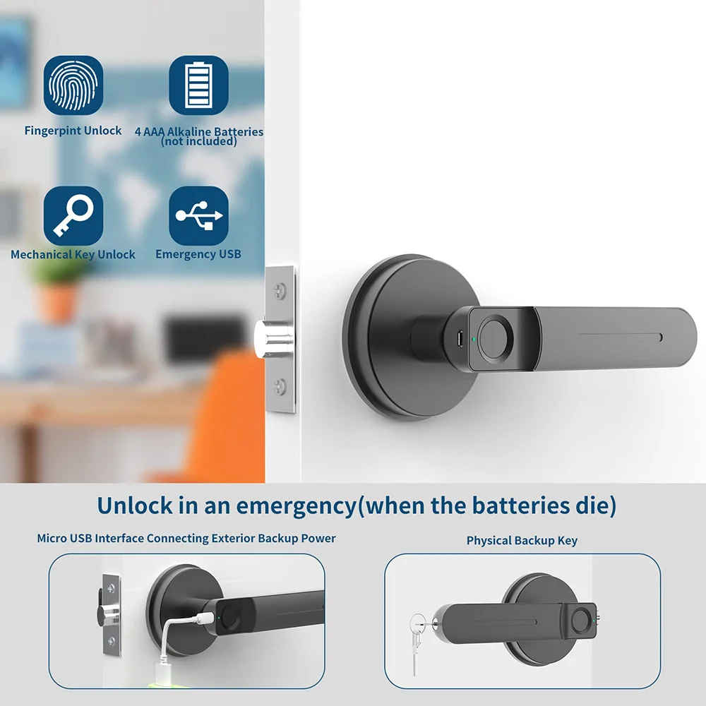 Smart Fingerprint Door Lock Keyless Entry Lock with Handle Biometric Lock Room for Home Storage Bedroom Office Private Spaces