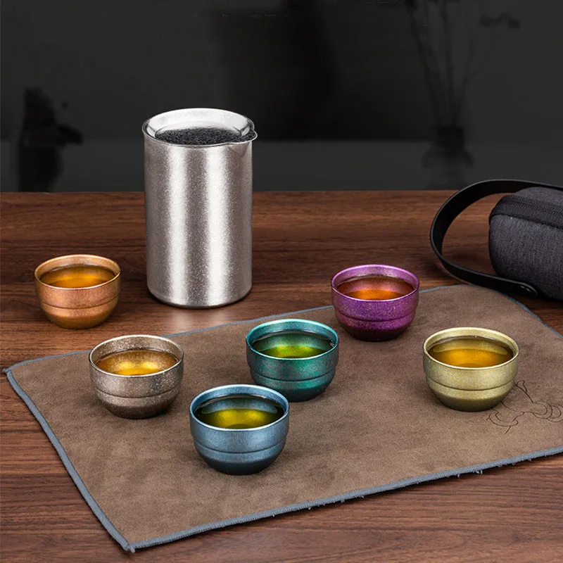 6PCS/SET, 45ml Pure Titanium Kung Fu Teacup Set,Double Layer,Heat Proof,All-IN-ONE Storage,Businee Gift,Portable Outdoor Tea Set