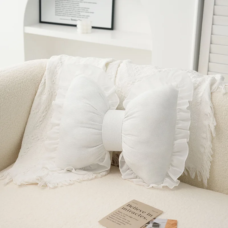 Modern Simple Sofa Pillow Living Room Bedside Cushion  Cute Bow Back Lace Edge  Comfortable and Breathable Pad