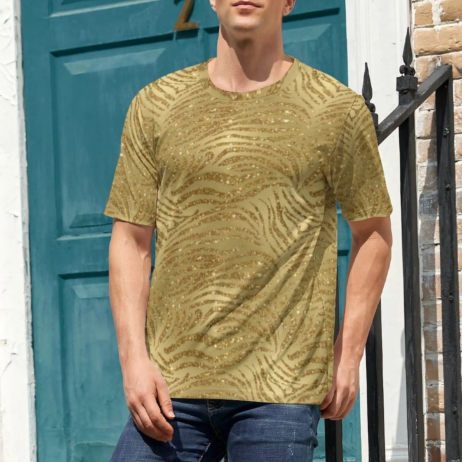 Summer T Shirt Sparkle Tiger Print T Shirts Gold Glitter Stripes Funny Harajuku Tees For Man Short-Sleeve Graphic Plus Size Tops
