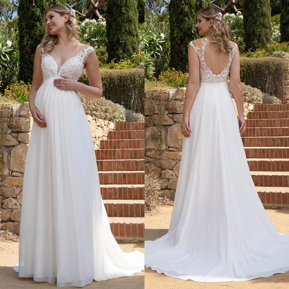 

Customized White Chiffon Bridal Gowns Temperament V-neck Cap Sleeve Wedding Dresses Chapel Train Open Back Robe de mariée