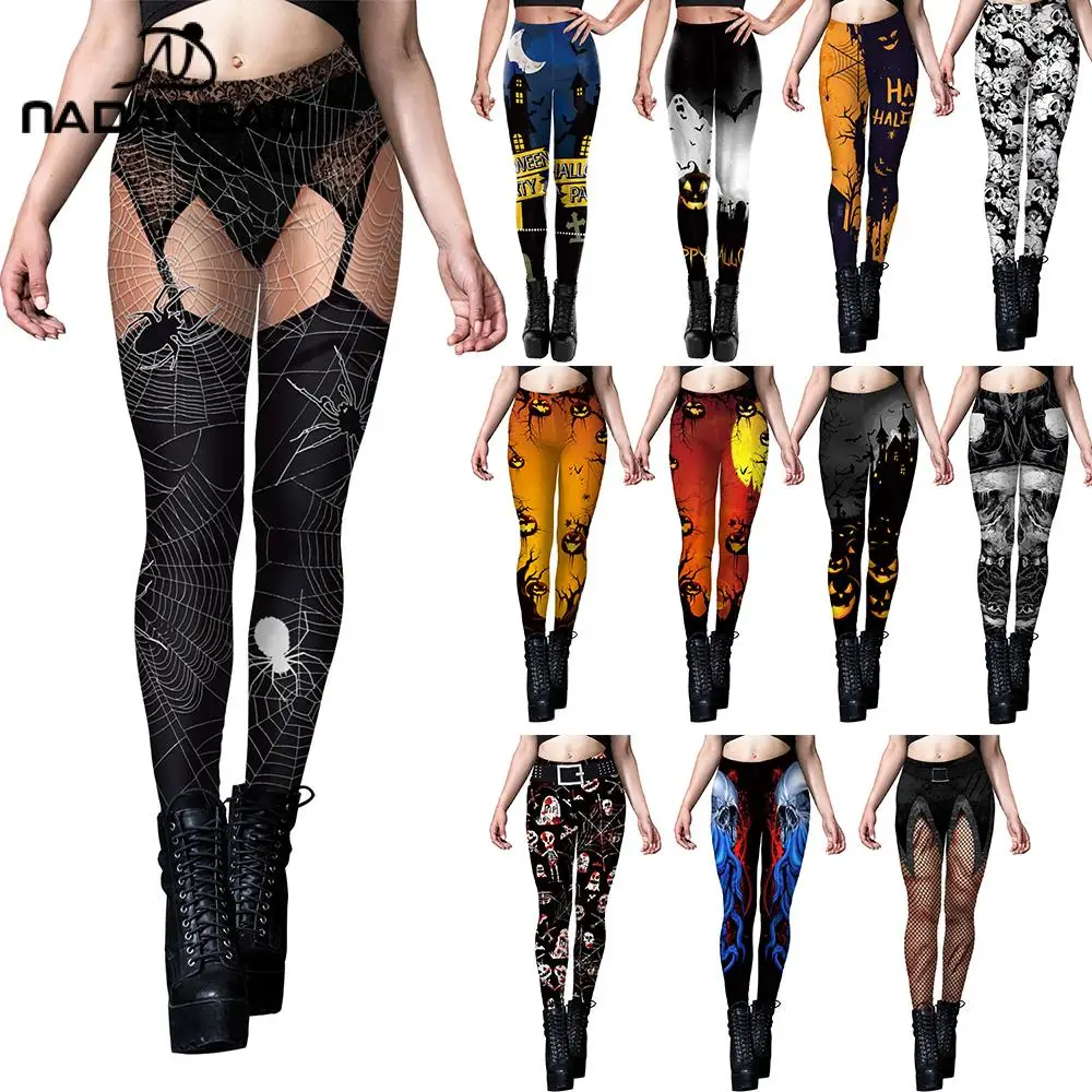 Nadanbao SKull Spider Web Print Leggings Halloween Scary Pumpkin Pattern Pants Women's Mid Waist Trousers Sports Yoga Bottoms — купить у AliExpress WW