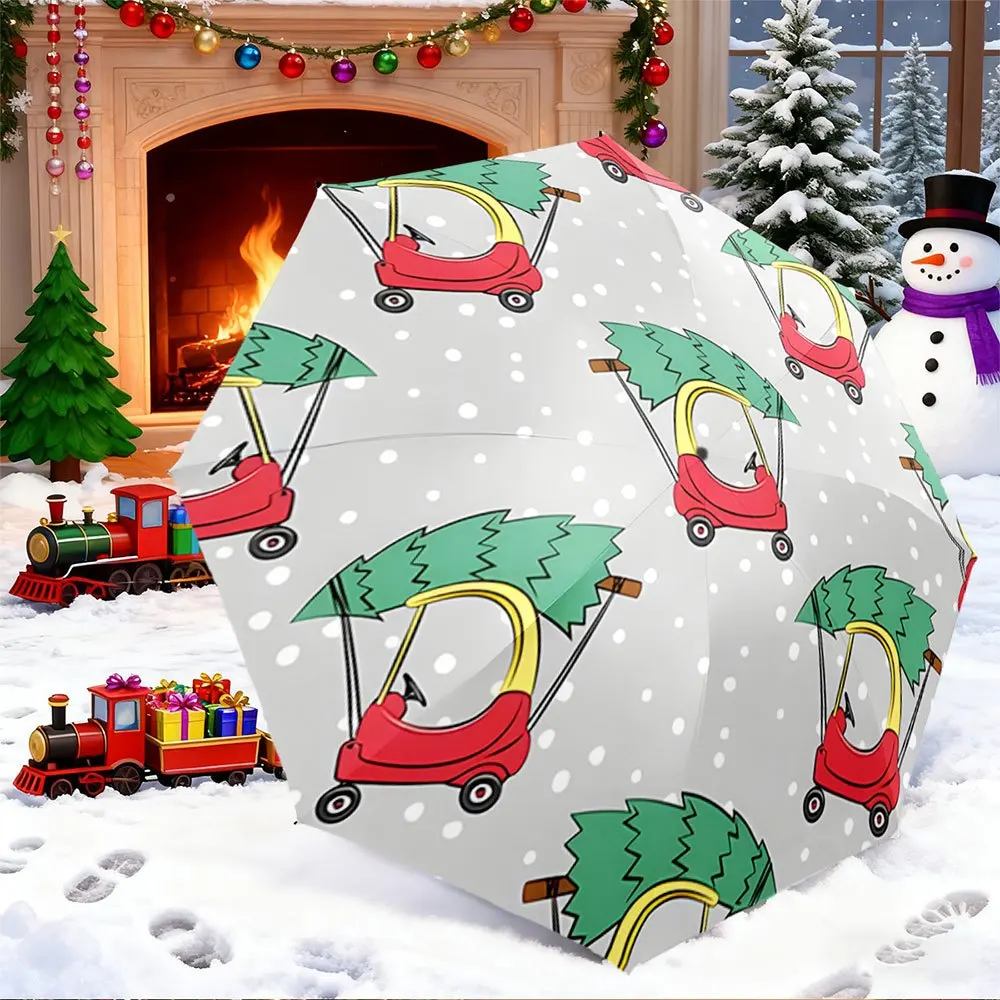 

Portable Folding Umbrella with Red Toy Cars & Evergreen Trees Design - Automatic Open/Close, Compact Travel Umbrella for Backp