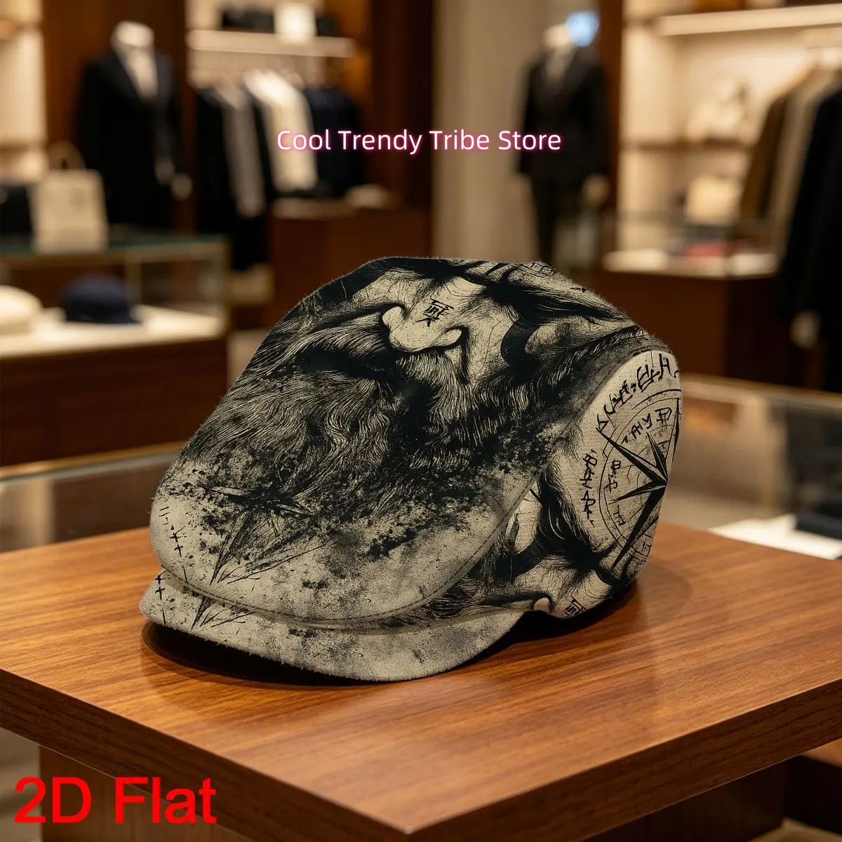 1pc Men's Large Norse Warrior Beret Hat - Lightweight Suitable for Casual Outfits, Large Head Size, All-Over Norse Compass Print