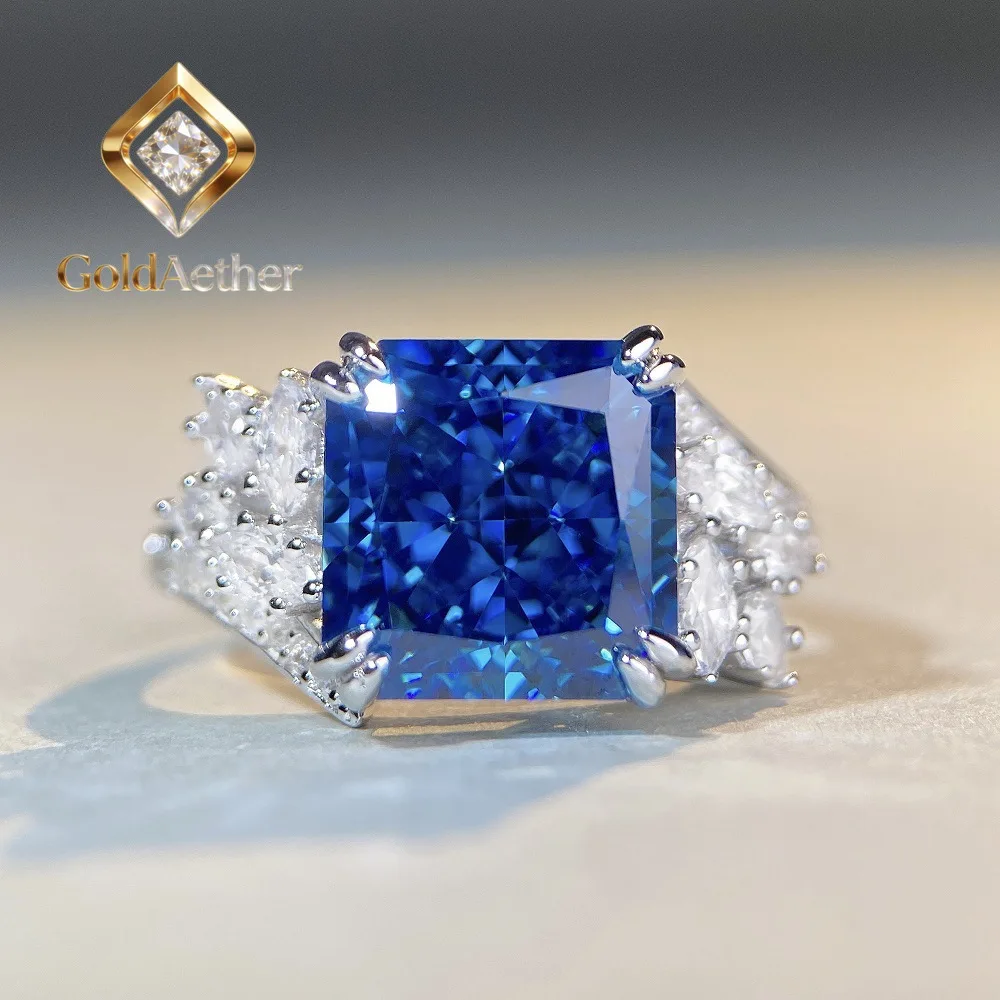 

GoldAether Luxury Solid Platinum PT950 Aquamarine Diamond Ring Women's Full Diamond Ring with Moissanite