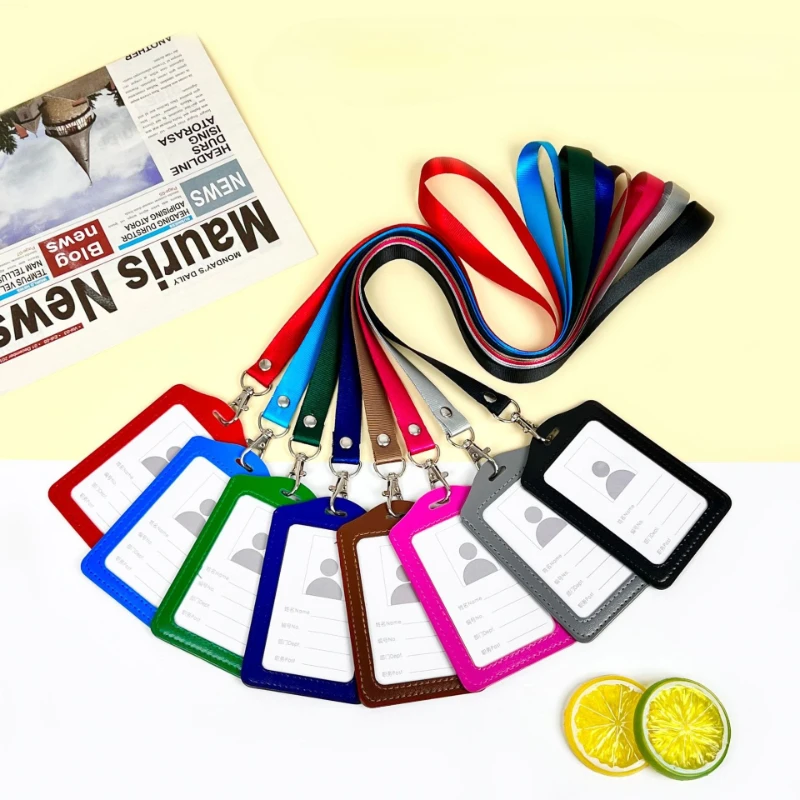 

Premium Leather Business Card Holder Women Men ID Case Fashion Worker ID Card Holder with Key Ring Lanyard Office Supplies