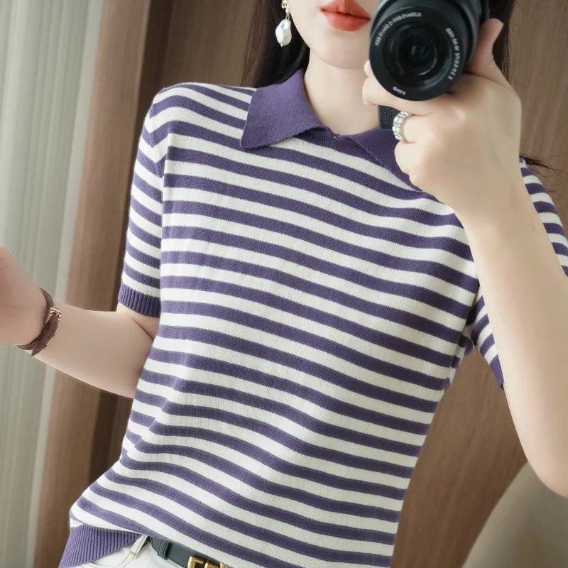 Summer 100% Cotton T-shirt Women's Knitted Short Sleeve Casual Stripe POLO Coll… - Image 5