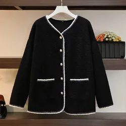 Busto de mujer de talla grande, 150Kg, otoño e invierno, suelto, cuello en V, imitación de lana de cordero, chaqueta fragante pequeña, negro, 6XL, 7XL, 8XL, 9XL, 10XL, 156