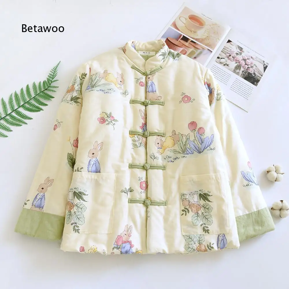 Women Frog Button Stand Collar Cotton Padded Coat Cute Rabbit Floral Print Long Sleeve Warm Outerwear With Big Side Pockets