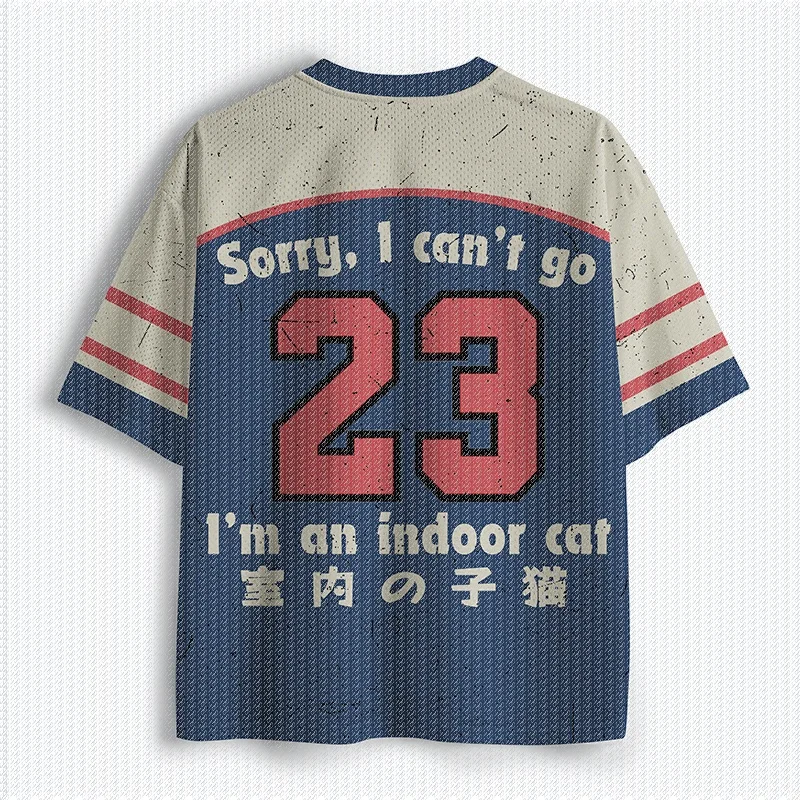 V Neck Vintage Beige Blue Red Mesh Jersey T Shirt Black Cat Oval Graphic Number 23 Retro Casual Streetwear Top
