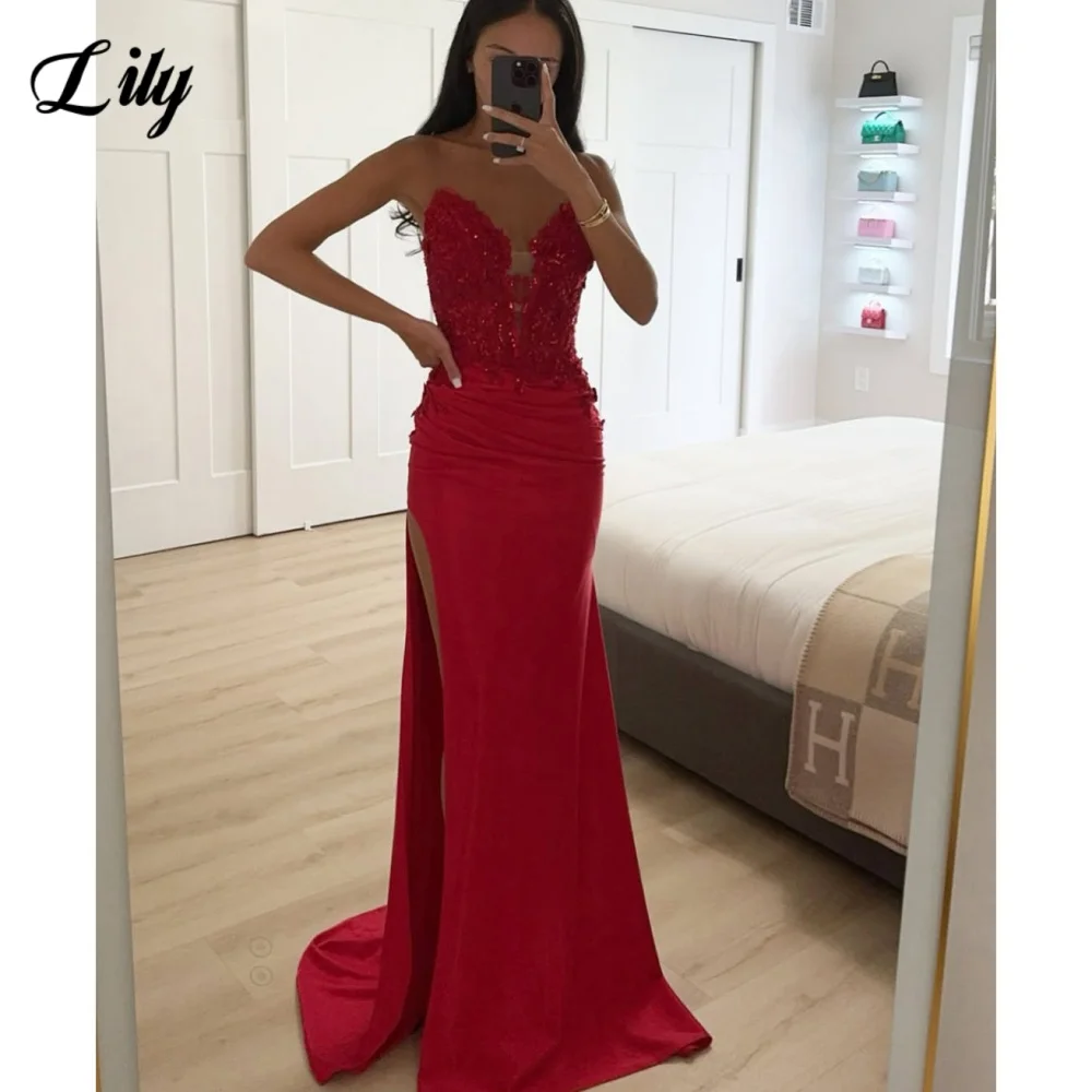 

Lily Red Sexy Backless Prom Dress Satin Deep V-Neck Sleeveless Prom Gown Shiny Sequins High Split Formal Gown 프롬 드레스 Customized