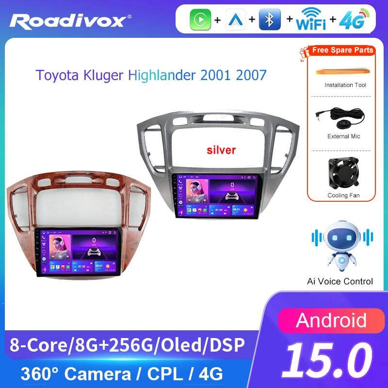 AI VOICE roadivox Android car radio for Toyota Kluger Highlander 2001 2007 stereo GPS Navigation video Multimedia Player tape