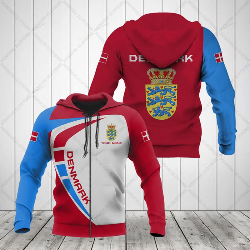 Custom Name Denmark Emblem Sports Style Zipper Hoodies Loose Unisex Oversize Sweatshirts Winter Casual Streetwear Tops Pullover