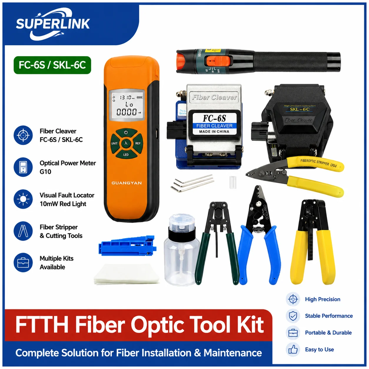 ftth-fiber-tool-kit-fc-6s-fiber-cleaver-g10-opm-vfl-10mw-visual-fault-locator-stripper-kevlar-scissors-installation-tools，ftth