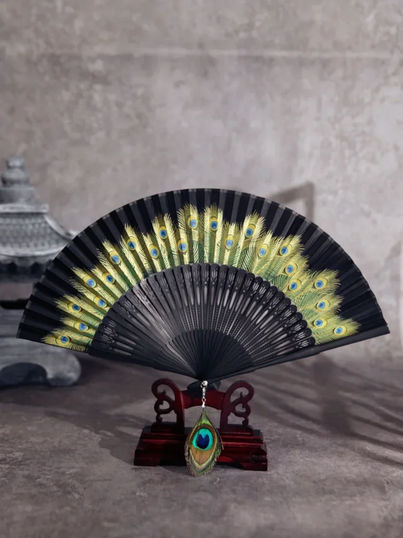 Chinese Peacock Fan Bamboo Fan Feather Classical Craft Female Dance Hanfu Hanging Pendant Retro Daily Silk Folding Fan