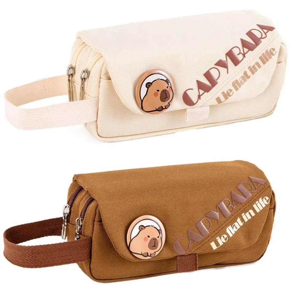 

Portable Capybara Pen Bag Canvas Three Layers Stationery Organizer Large Capacity Cartoon Pencil Box Students