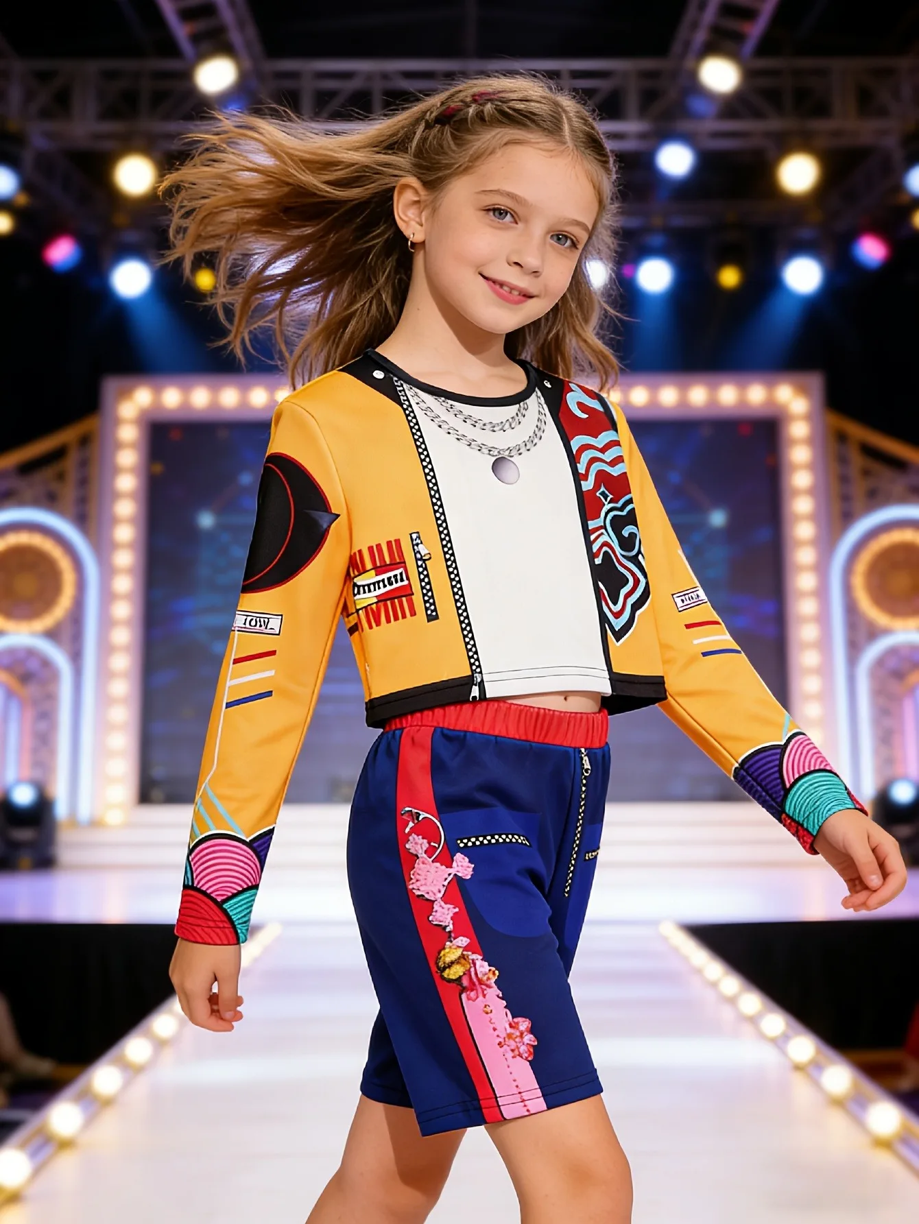 2-teiliges Graffiti-Hip-Hop-Set für Mädchen, kurze Jacke, Crop-Top, Shorts, 4-12 Jahre, Kinder-Streetwear für Bühnenshows, Tanzaufführungen, cooles Outfit – Detail 5