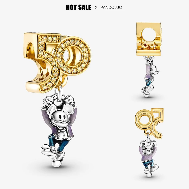 Disney Parks Mickey Mouse 50th Anniversary ciondola Charm Bead Fit Pandora bracciale originale donna 925 gioielli con perline ciondolo in argento