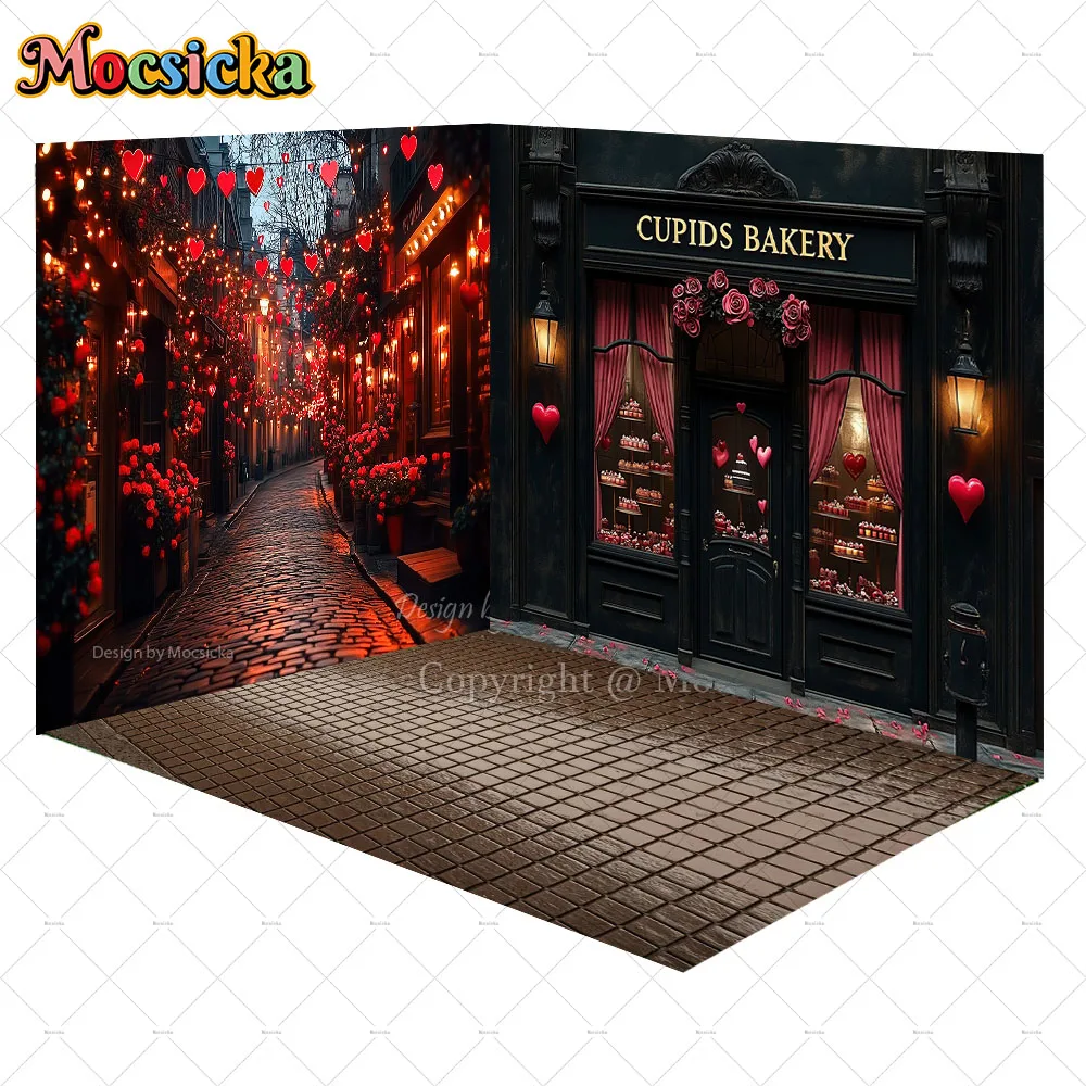 Mocsicka Valentine's Night Street Background Photography Red Flower Rose Shop Floor Backdrop Kids Girl Birthday Photo Studio