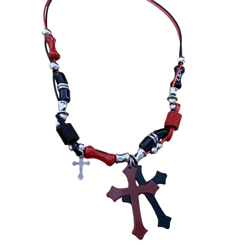 Black Red Crossed Necklace Handmade Subculture Bead Necklace Clavicle Necklace