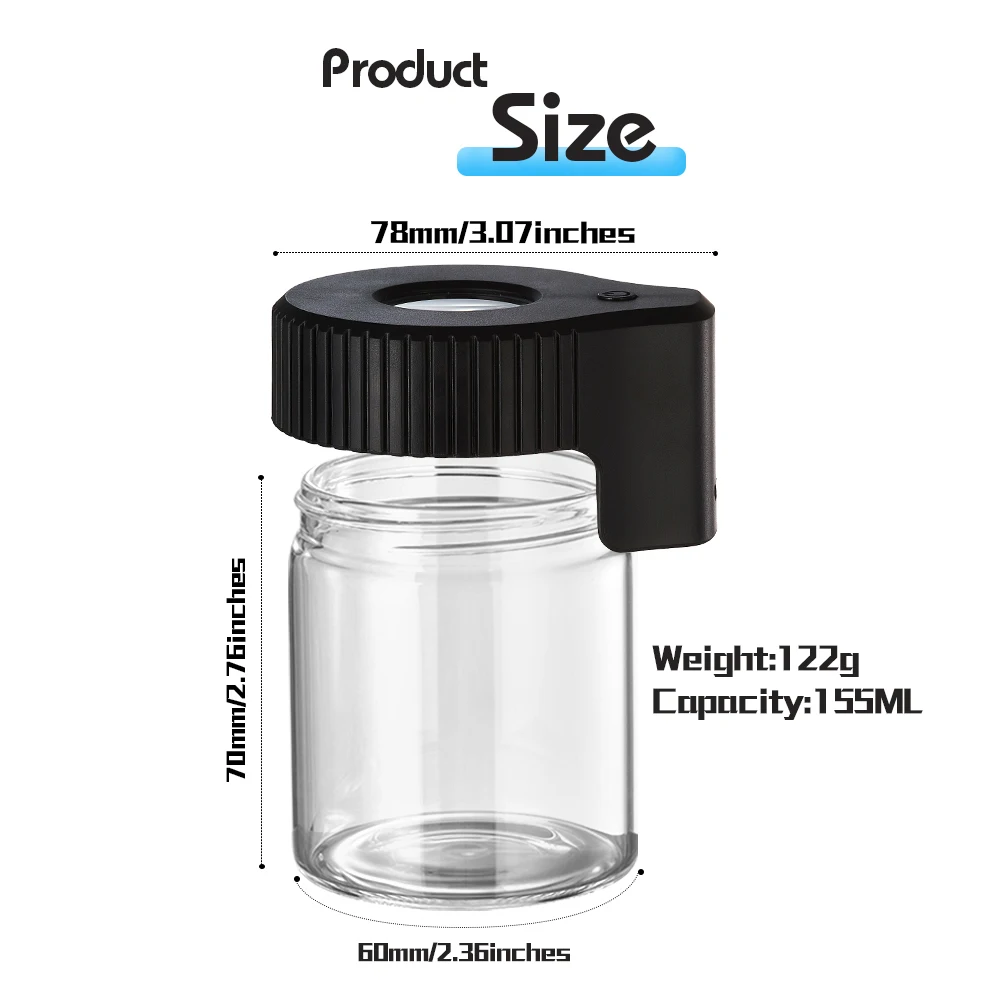 New Arrival Light-Up LED Transparent Glass Air Tight Storage Jars Magnifying Viewing Jar (Black)