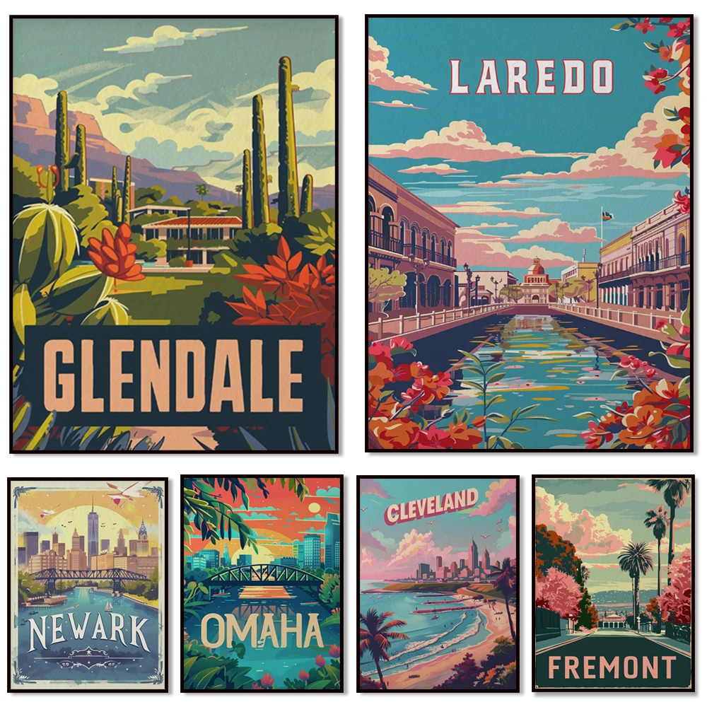Toledo, Irvine, Plano, Chesapeake, Guirnalda, Laredo, Glendale, Stockton, Greensboro, Fremont, Chula Vista, carteles de viaje de Newark