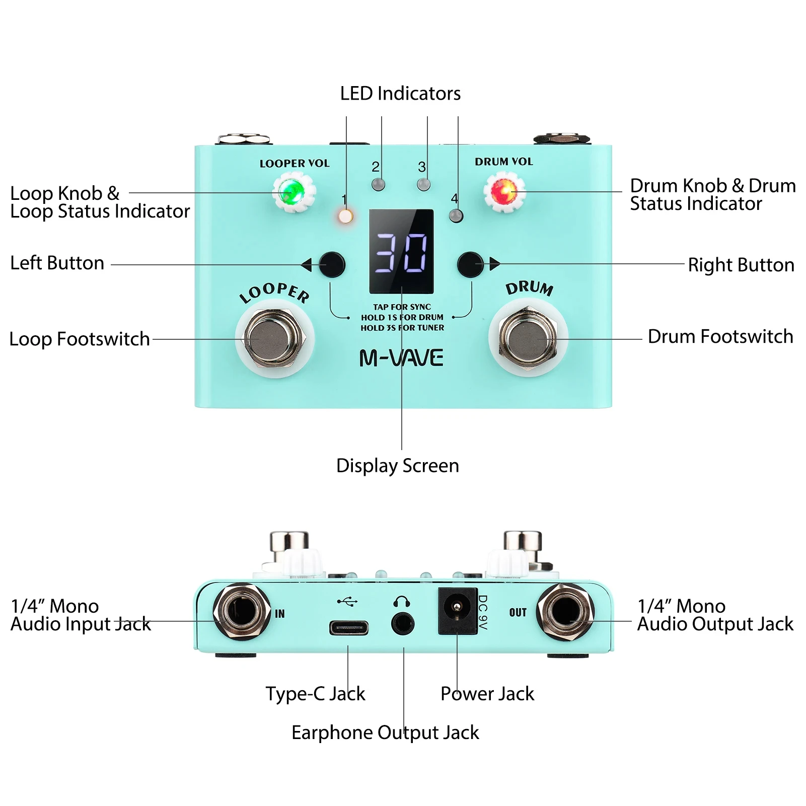 M-vave Lost Tempo Drum Machines & Looper Pedal Built-in 30 Drums 11 Mins Recoding Time High Precision Tuner Guitar Effect pedal image 4
