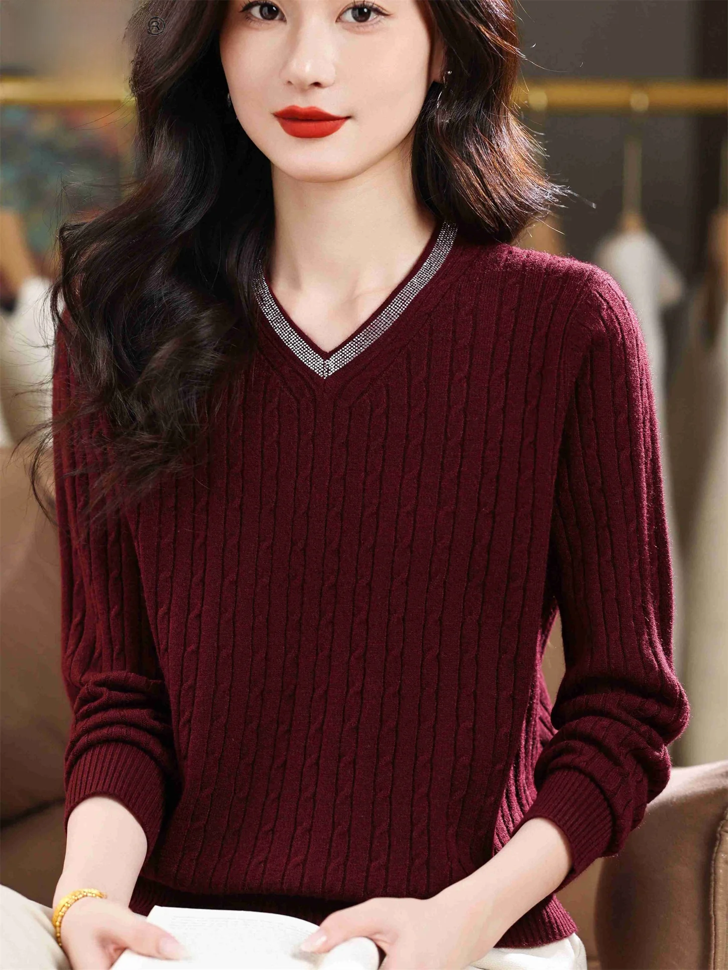 

Весенне-осенний вязаный шерстяной топ с v-образным вырезом, свободная внутренняя одежда для мамы, чистый цвет со стразами, модный женский...