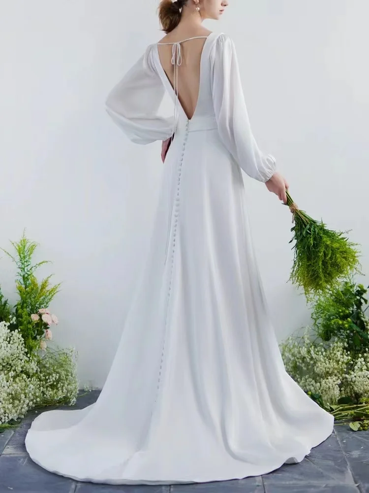 Elegante abito da sposa bianco sirena scollo a forma di V maniche lunghe abito da sposa in raso senza schienale semplice 2024 Vestidos De Novia