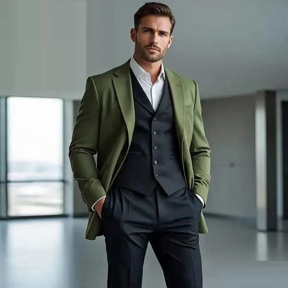 Fashion Army Green And Black Formal Men Suit Wedding Party Groom Groomsman Male Tuxedos Costume 3 Piece Set Jacket Vest Pants B2