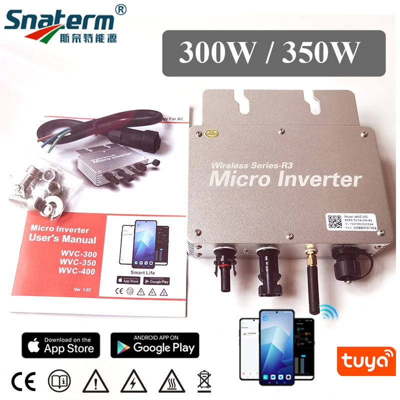 MPPT 300W 350W Grid Tie Solar PV Inverter with Tuya APP Micro PV Solar Converter DC22-60V to AC220V110V for 300W 350W PV panels