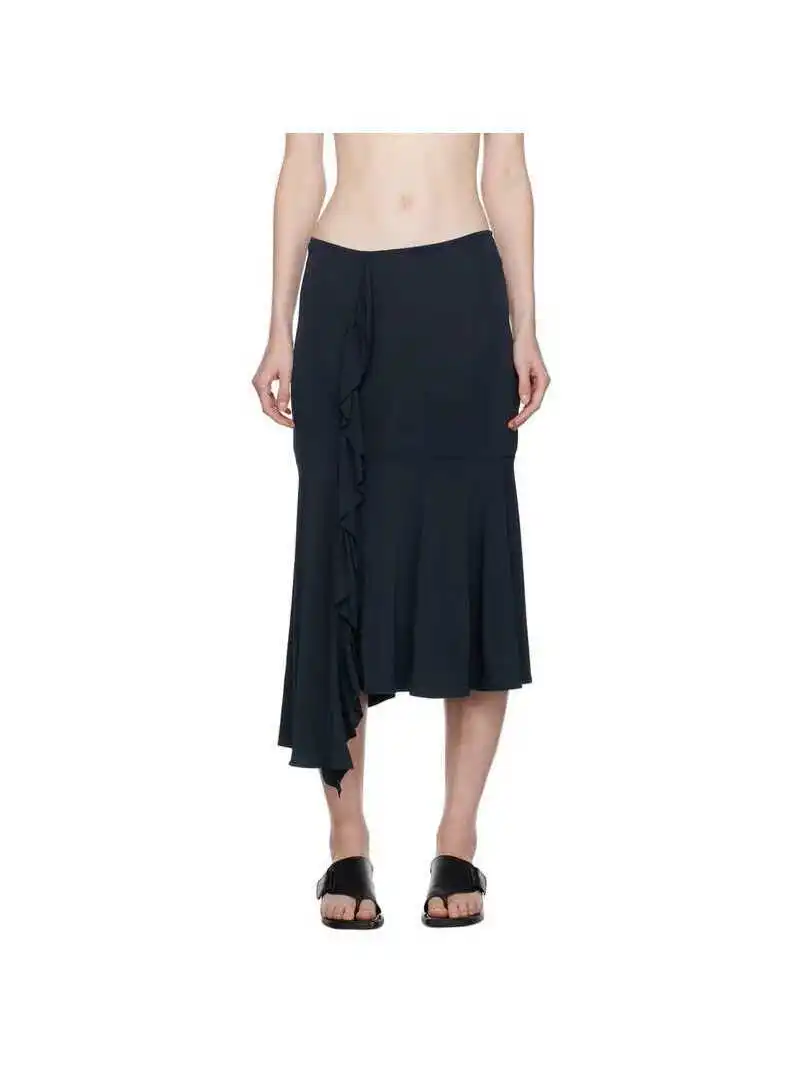 

Paloma Navy Blue Frayed Hem Elastic Waist Versatile f Skirt Women's Sle Commute Retro Anti-Ball Gored Asymmetrical