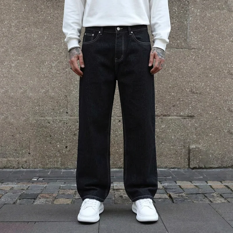 Men's Trendy Letter Print Jeans American Hip-Hop Style High Street Straight-Leg Streetwear Pants Y2K Vintage Washed Baggy Jeans