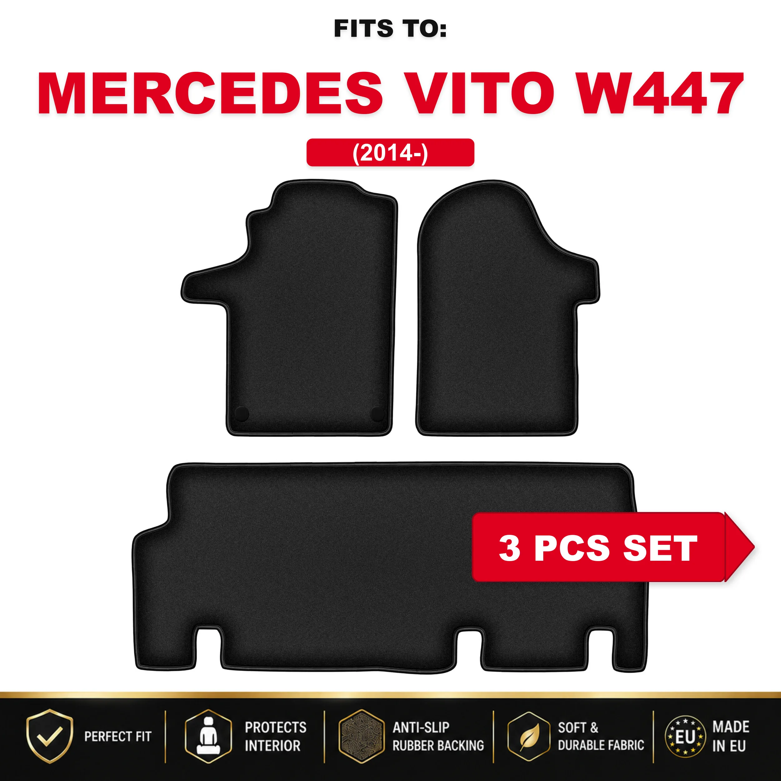 Velours zwarte autovloermatten, 3 stuks Voor: Mercedes Vito W447 2014-auto bijpassende automattenset