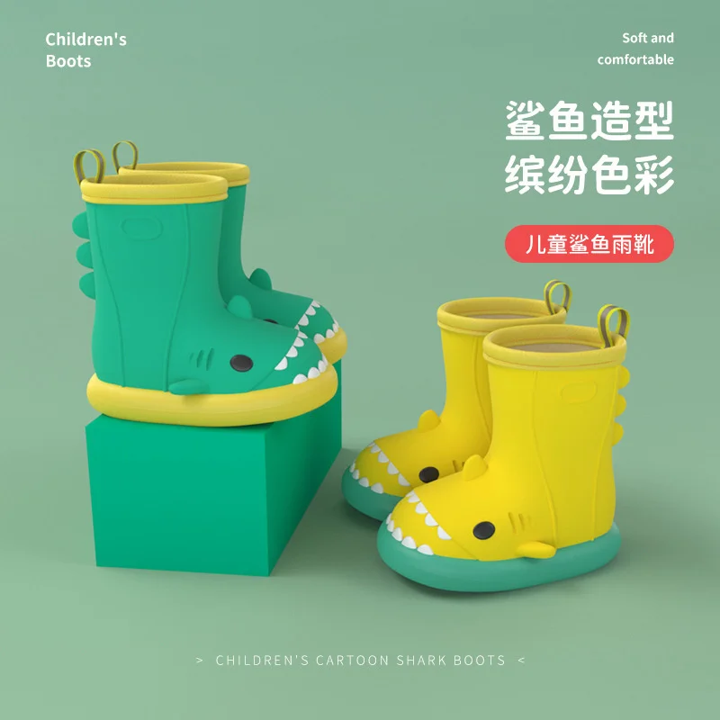 Fashion Cartoon Shark Kids Rain Boots Toddler EVA Soft Waterproof Boys Girls Water Shoes 3D Anti Slip Children Rainboots