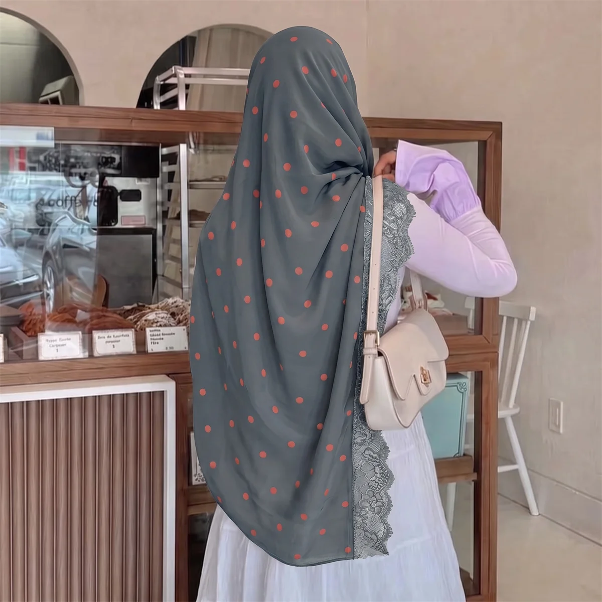 Retro Polka Dot Muslim Headscarf With Lace Border Oversized Lightweight Hijab Shawl Fashion Scarves For Women Holiday