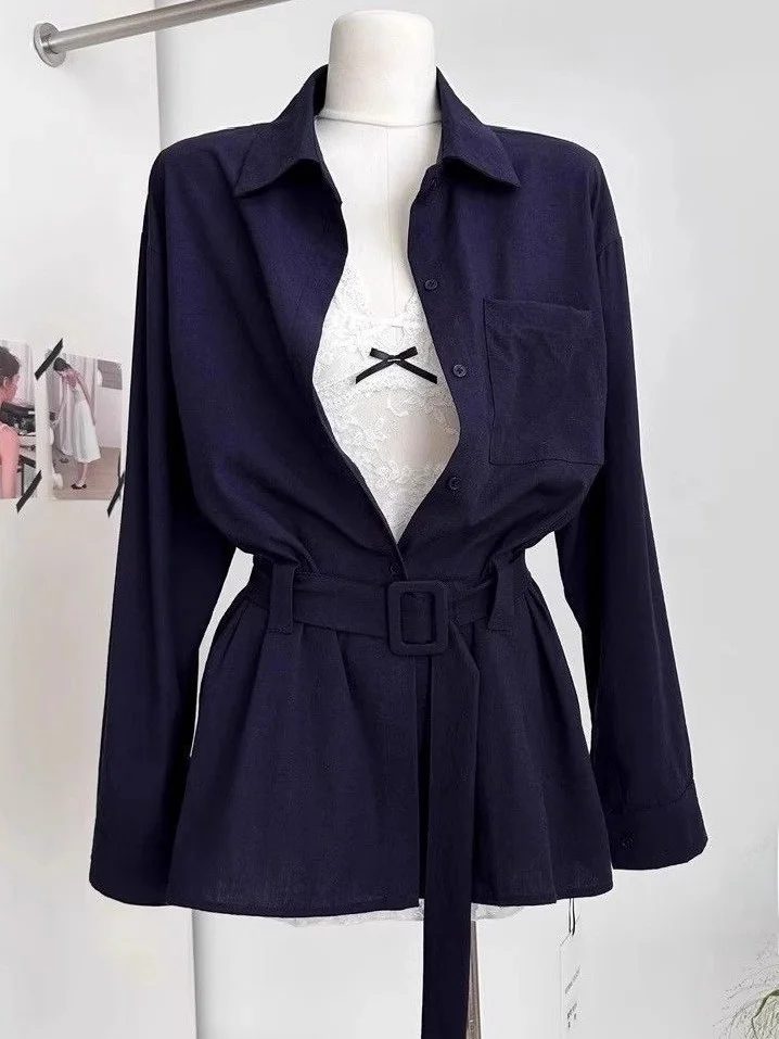 

Slim Fit irt Dr Women's Early Autumn Turn-down Collar Waist-cinching Belted Faionable Spicy Girl Top Pure Color C...