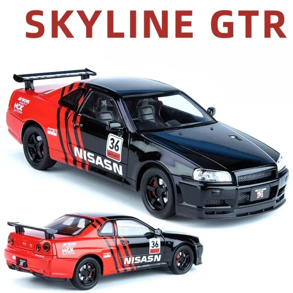 Scala 1:32 SKYLINE GTR Modello di auto giocattolo Pressofuso in lega Tirare indietro Latte Edition Modelli di auto sportive Musica leggera Veicolo Ornamento Regalo