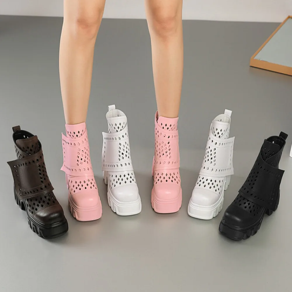 

New Arrival Women's Pink Platform Chunky Heel Ankle Boots Fashion Cut Out Side Zipper Casual Combat Boots Summer Breathable Shoe