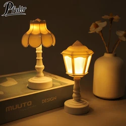 Mini Retro Dollhouse Miniatures LED Light Lotus Shape Table Night Lamp for Living Room Bed Side Home Decor DIY Desktop Ornament