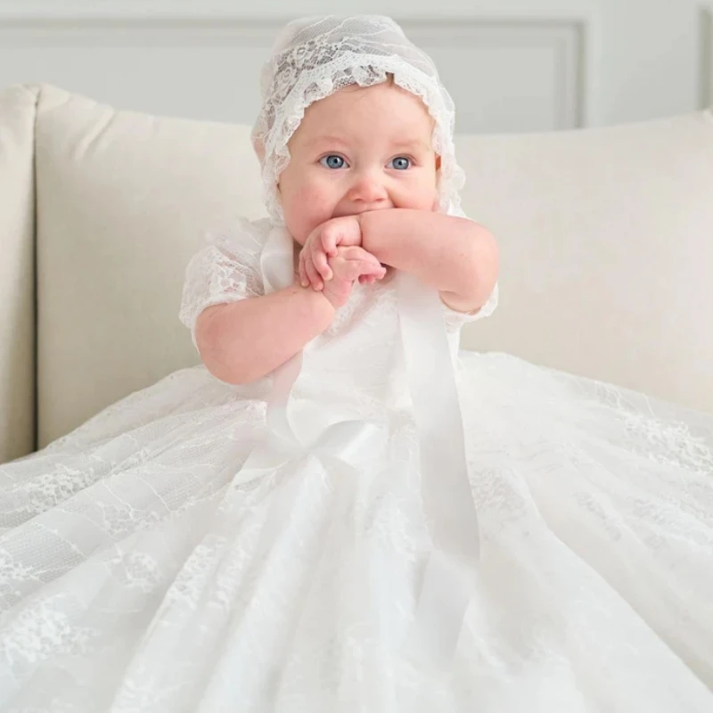 Robes de bébé blanches à fleurs pour filles, appliques en dentelle de tulle, manches courtes, mariage, fête d'anniversaire, robe de première communion