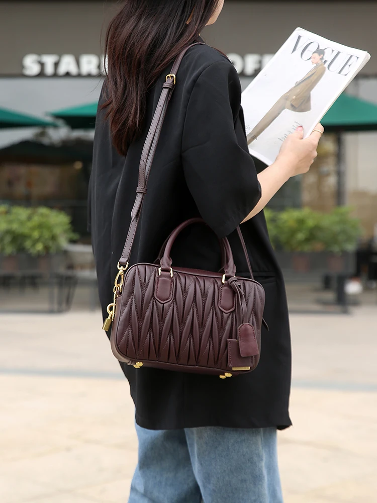 

Складная сумка для боулинга из натуральной кожи, через плечо, женская сумка из кожи ягненка Boston, мягкая сумка, повседневная сумка на молнии