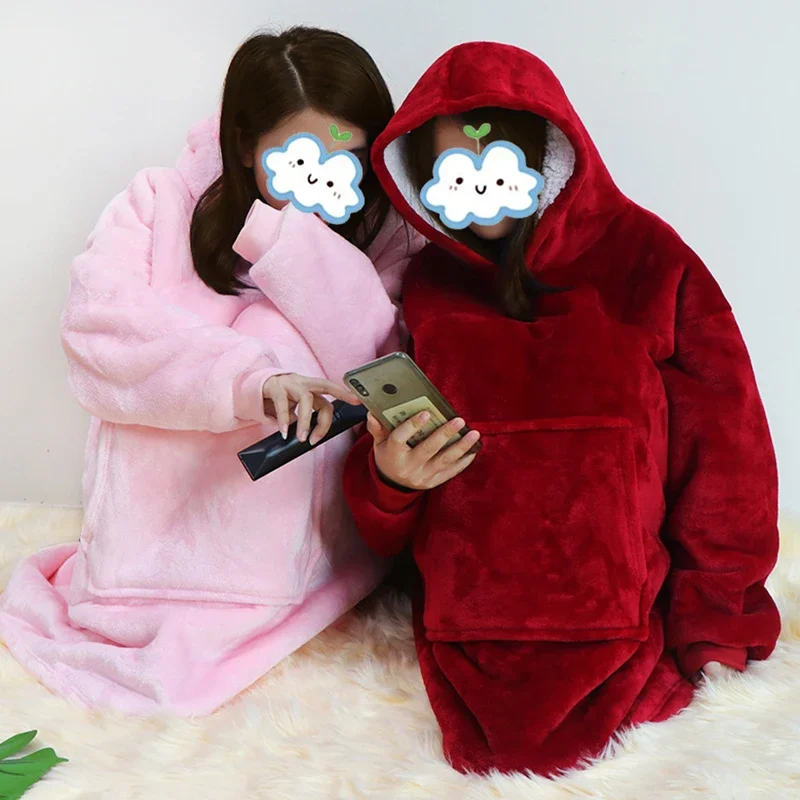 Winter TV Blanket Loose Wearable Soft Plush Hooded Fleece Sofa Blanket with Sleeve Wearable Warm Hoodie Blanket Clothes TV-Decke