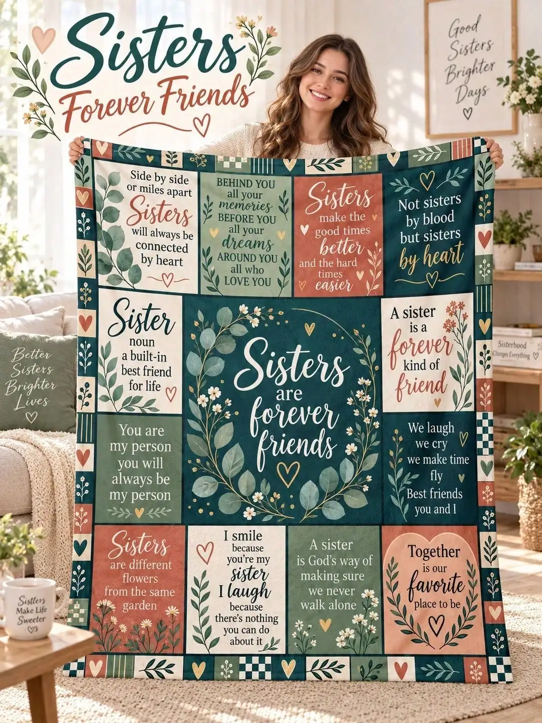 Sisters Forever Flannel Blankets Friendship Typography Hearts Sofa Bed Throw Home Decor Bedroom Living Room Christmas Halloween Thanksgiving Birthday Anniversary Housewarming Gift Family Friends Apartment Holiday Reading Nook Travel Office Couch