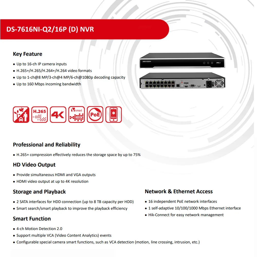 Hikvision NVR 16CH 1U 16 PoE 4K NVR DS-7616NI-Q2/16P 16-ch IP Camera Inputs Network Video Recorder Support Third-party Camera