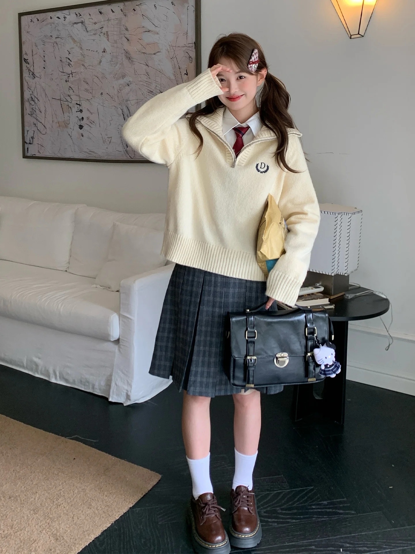 

Loose Fit Knitwear Tokyo Seasonal Record JK Autumn Winter Lazy Sle Collared Sweatirt College Sle Small Size Slimming Be...