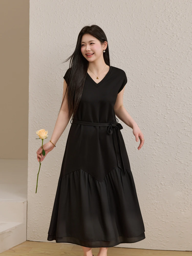 

Chic Patchwork V-neck Elegant Long Dress plus Size Summer New Arrival Korean Style A-line Skirt Short Sleeve Women's Dress